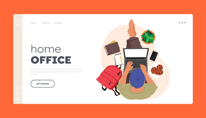 Home Office Landing Page Template. Young Male Character with Laptop Top View. Freelancer or Student Sitting on Floor