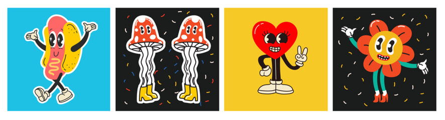 70's groovy square posters, cards or stickers. Retro print with hippie cute colorful funky character concepts of crazy geometric, dripping emoticon. Only good vibes sentence