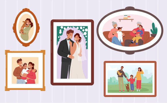 Set Of Happy Family Photos In Frames, Parents Holding Baby On Hands, Smiling Children And Grandparents, Newlyweds