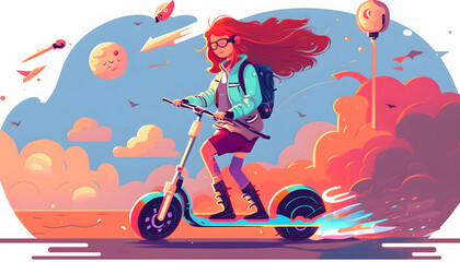 Plakat girl riding a scooter, vector illustration