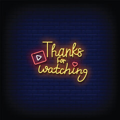 Neon Sign thanks for watching with brick wall background vector