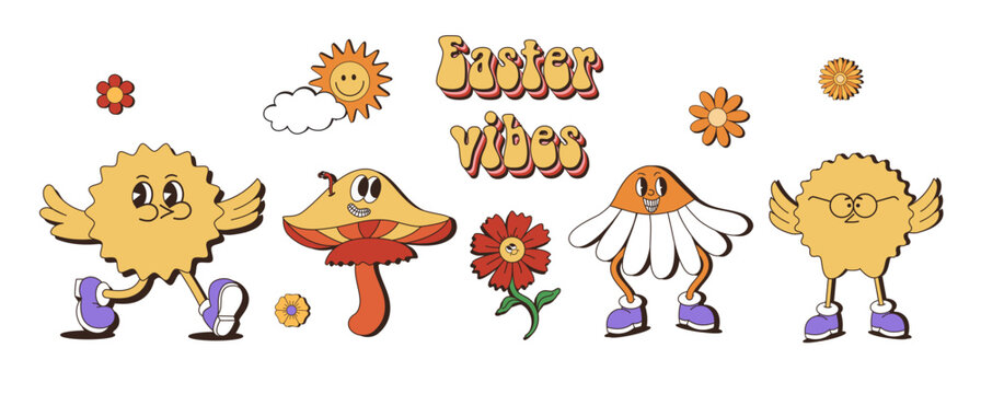 Retro groovy easter eggs. Stickers in trendy retro 60s 70s cartoon style. Vector illustration in yellow, red colors.