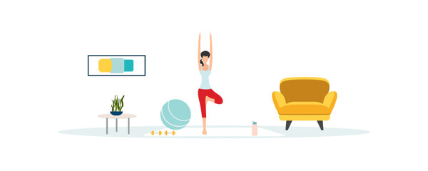 People do sports. People do sport exercises at home. Vector illustration