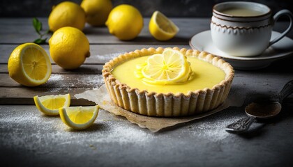  a lemon tart with a slice cut out of it and a cup of tea next to it on a wooden table with lemons.  generative ai
