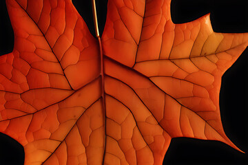 Orange maple leaf on black background, Generative AI