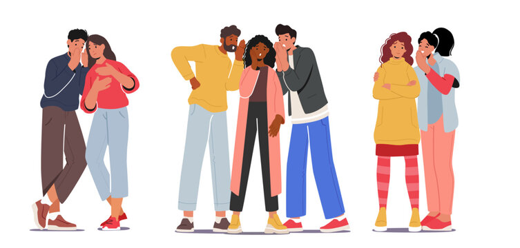 Group Of Characters Quietly Conversing, Whispers Exchanged Amongst Huddled Figures. Intrigue And Secrecy Illustration