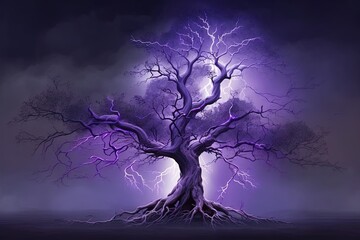  a tree in the middle of a field with a full moon in the background, illuminated by a bright purple hue The tree stands tall and proud, its branches reaching up tow