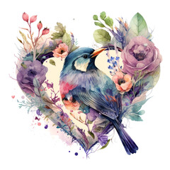 A bird and flowers in the shape of a heart. Watercolor. Generative AI.
