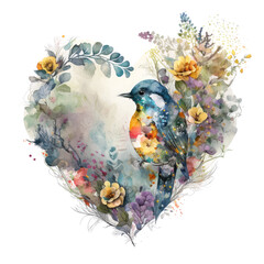 A bird and flowers in the shape of a heart. Watercolor. Generative AI.