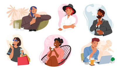 Set People Smoking Cigarettes, Inhaling Smoke With Relaxed Expressions. Male Female Characters With Unhealthy Habit © Anna Syvak