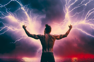 Lightning strike strikes one person with arms raised up during a thunderstorm. Fantastic magical atmospheric view. Generative AI technology.