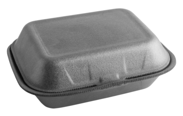 Black closed styrofoam box on transparent background. Food box for food to go, delivery. Isolated object