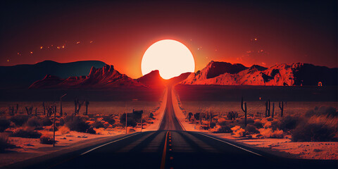 Asphalt road. Landscape with rocks, sunny sky with clouds and beautiful mountain road with a perfect asphalt at sunrise in summer. Vintage toning. Travel background. Highway in generative ai. - obrazy, fototapety, plakaty
