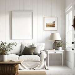 modern white colored living room with sofa and mockup picture frame, boho style, AI assisted finalized in Photoshop by me