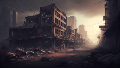 Fototapeta na wymiar Post apocalyspe abandoned city, AI generated