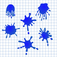
Cartoon ink blots on a sheet of a school notebook. Vector set of isolated blots.