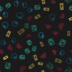 Set line Apple, Exam sheet with plus grade, Locker or changing room and Protractor grid on seamless pattern. Vector