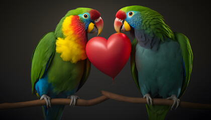Fototapeta na wymiar couple of parrots in love kissing, with a heart-shaped balloon on valentine's day, 3d render digital illustration