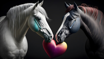 two dogs in love kissing, with a heart-shaped balloon on valentine's day, 3d render digital illustration