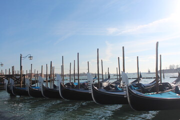 Venice beaches, gondolas, churches, St. Mark's City Square, the tower in the square, the church, the medieval and Roman artifacts, the canals in the city, the gondolas going on the canals and the sea,