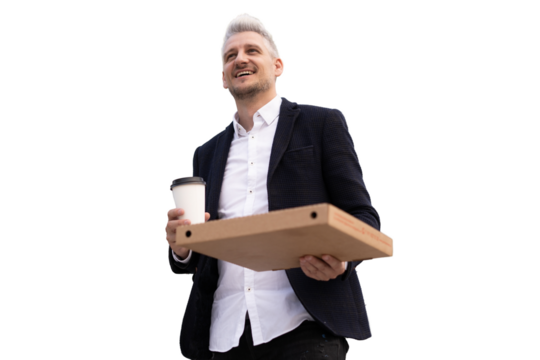 A man carrying a pizza box with lunch food, isolated, transparent background, PNG .