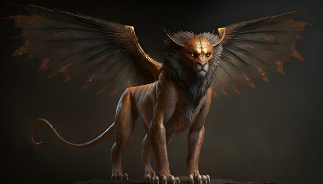 winged lion, griffin, chimera, 3d render digital illustration