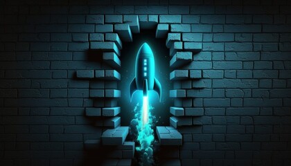 Background with brick wall, rocket and blue neon lights. Generative AI