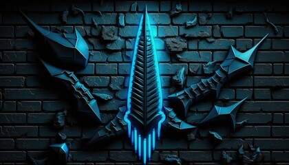 Background with brick wall, rocket and blue neon lights. Generative AI