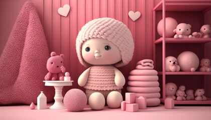 Valentine's day in children's room with cute baby doll on soft pink wall background with generative ai.