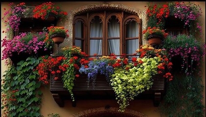  a building with a bunch of flowers on the windowsills and a bench in front of the window with a bench underneath the window.  generative ai - obrazy, fototapety, plakaty
