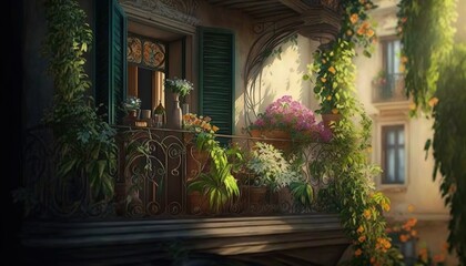 Fototapeta na wymiar a painting of a balcony with flowers and plants on the balcony and green shutters on the windowsill and a balcony with a balcony and a balcony with potted plants. generative ai