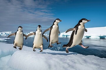  a group of penguins jumping off of an iceberg into the water with icebergs in the background and a few icebergs in the foreground.  generative ai - obrazy, fototapety, plakaty