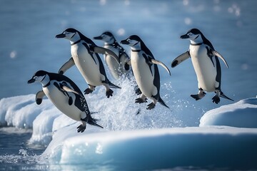  a group of penguins jumping out of the water onto an ice floet in the ocean with one penguin in the air and another penguin in the air.  generative ai - obrazy, fototapety, plakaty