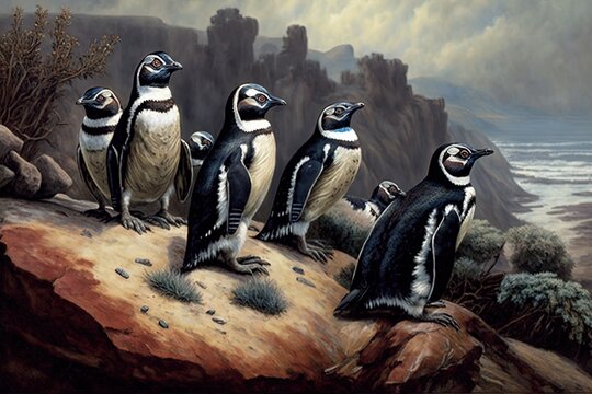  a group of penguins standing on a rocky cliff by the ocean with a cloudy sky in the background and a rocky cliff in the foreground.  generative ai