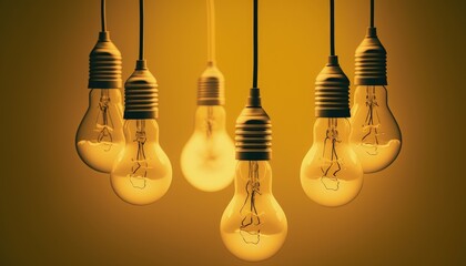 Light bulbs hanging with yellow background, ideas and creativity concept. Generative AI