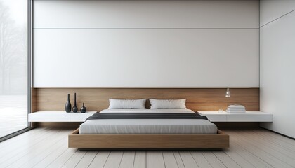  a modern bedroom with a large bed and a white and wood headboard and foot board with a black and white striped pillow on it.  generative ai