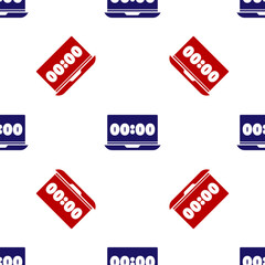 Blue and red Clock on laptop screen icon isolated seamless pattern on white background. Schedule concepts. Vector