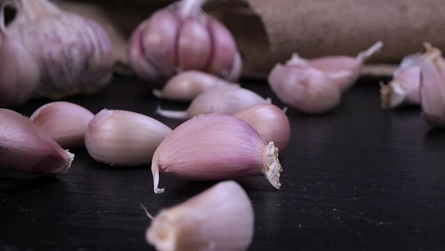 Fresh garlic clove falling on black background. The raw garlic is one of the most popular ingredients of the basic recipes with nutritional properties, infamous aroma and health benefits. Slow motion