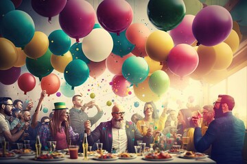  a large group of people standing around a table with balloons in the air above them and plates of food on the table in front of them.  generative ai