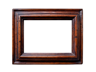 Schöner brauner Bilderrahmen aus Holz mit Holzwurm Schaden, freistehend, transparent, Freifläche für Bild oder Text