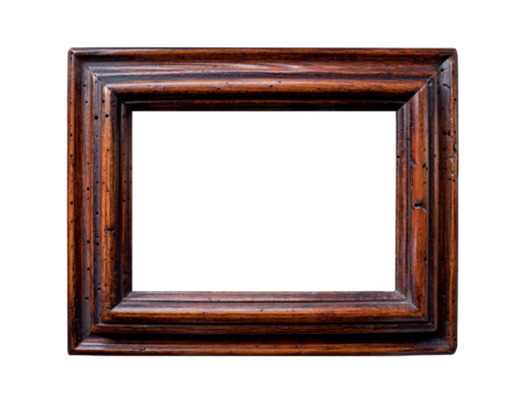Schöner brauner Bilderrahmen aus Holz mit Holzwurm Schaden, freistehend, transparent, Freifläche für Bild oder Text