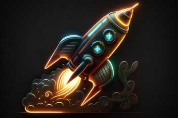 Rocket ship with realistic neon lights on black background, ideas and startup concept. Generative AI