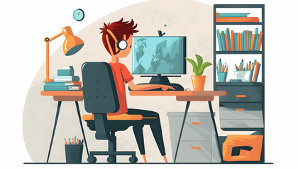 young web developer, young man working on the computer, vector illustration