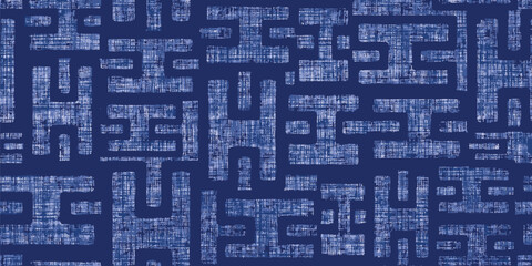 Denim blue abstract maze distressed geometric background. Hand drawn seamless pattern with bold square lines intricate vector background with brush strokes. Irregular maze and labyrinth