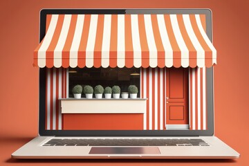 Naklejka premium Shop illustration with red and white awning on laptop screen, background. Generative AI