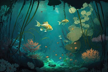  a painting of a underwater scene with fish and plants in the foreground and a coral reef on the far side of the picture, and a fish swimming in the foreground.  generative ai