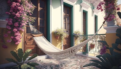  a white hammock hanging from a balcony next to a potted plant and a door with a green shuttered window and a balcony with pink flowers.  generative ai - obrazy, fototapety, plakaty