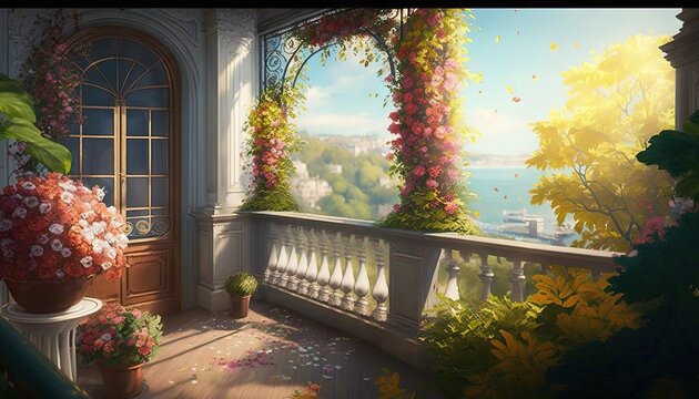  a painting of a balcony with flowers and a potted plant on the balcony of a house with a view of the water and a city.  generative ai