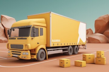 Illustration of yellow delivery truck with cardboard boxes, background. Generative AI