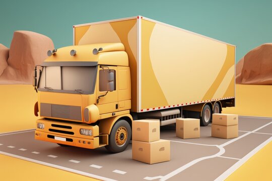 Illustration of yellow delivery truck with cardboard boxes, background. Generative AI